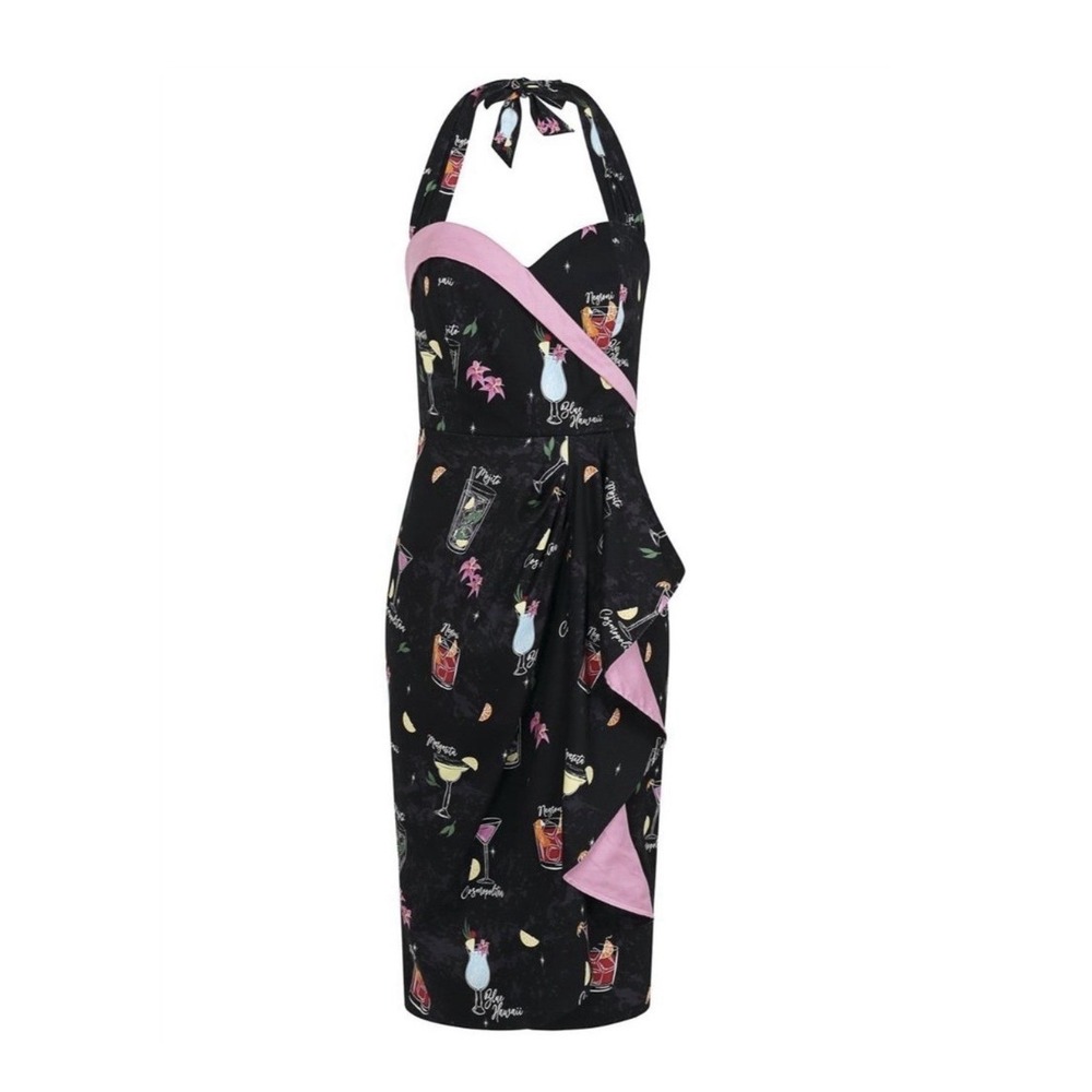 Collectif Size L Lorna Cocktail Menu Dress Halter Pencil Pinup Retro Witchy